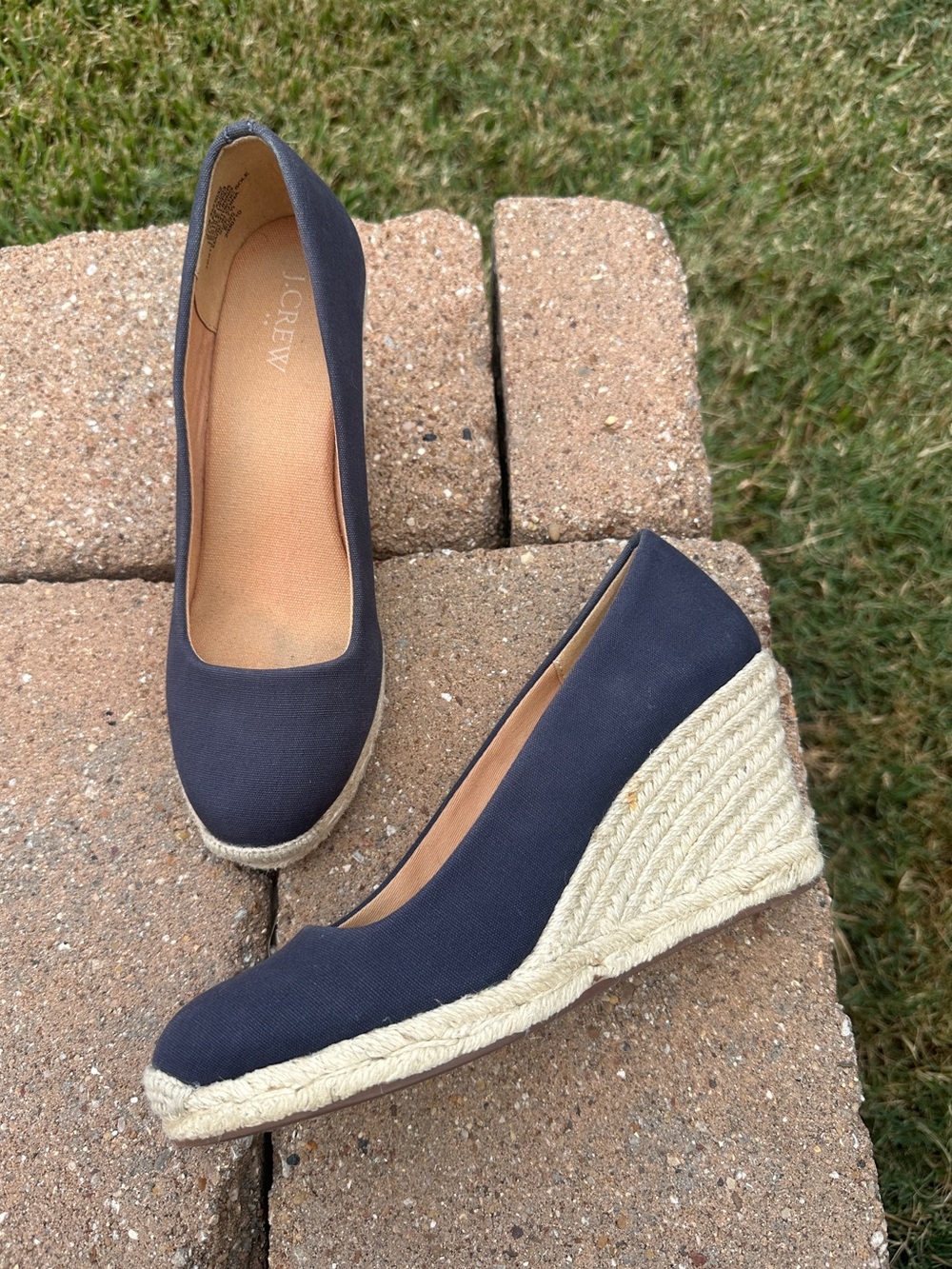 J. Crew Espadrille Seville Wedge Shoes Navy Natural Jute  Women's size 7 1/2